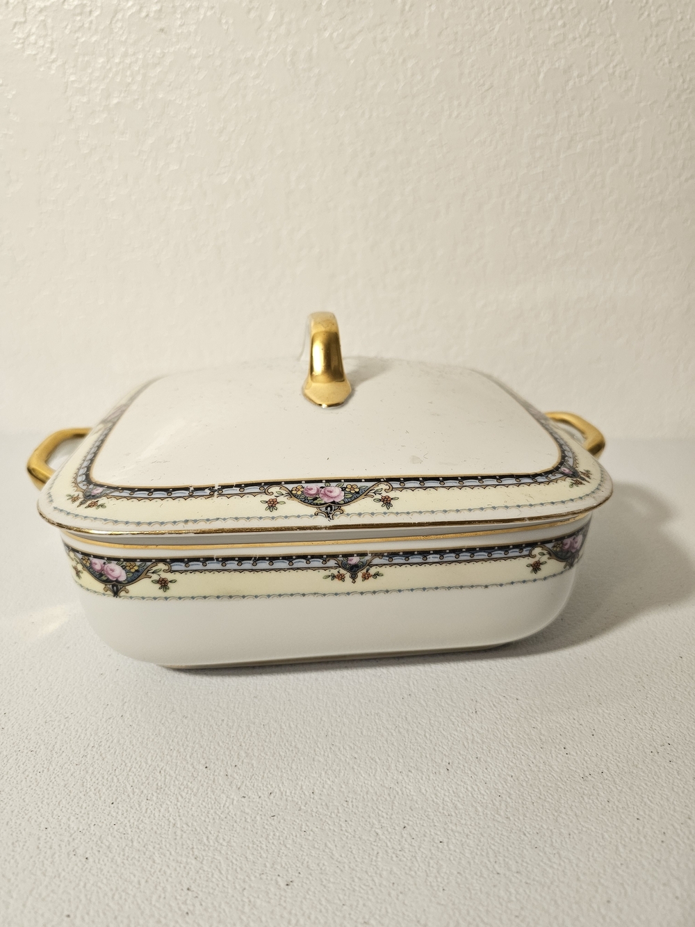 Epiag Square Antique Covered Casserole Dish w/ Lid Gold Handles Floral Czech